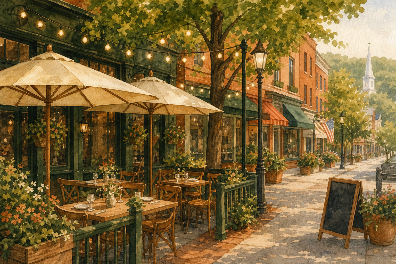 Illustrated small-town restaurant patio with outdoor dining