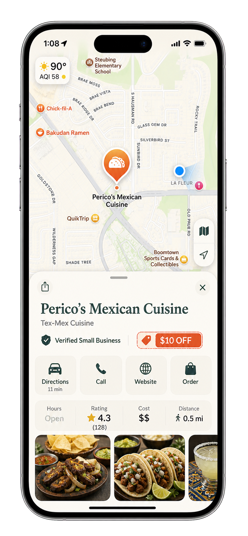 Directory list view of verified restaurants with deals and ratings