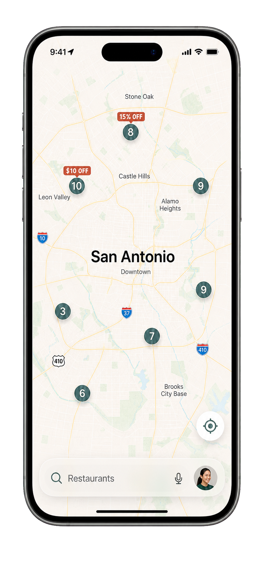 Map view of Sharewood Eats showing restaurants and deals across the city