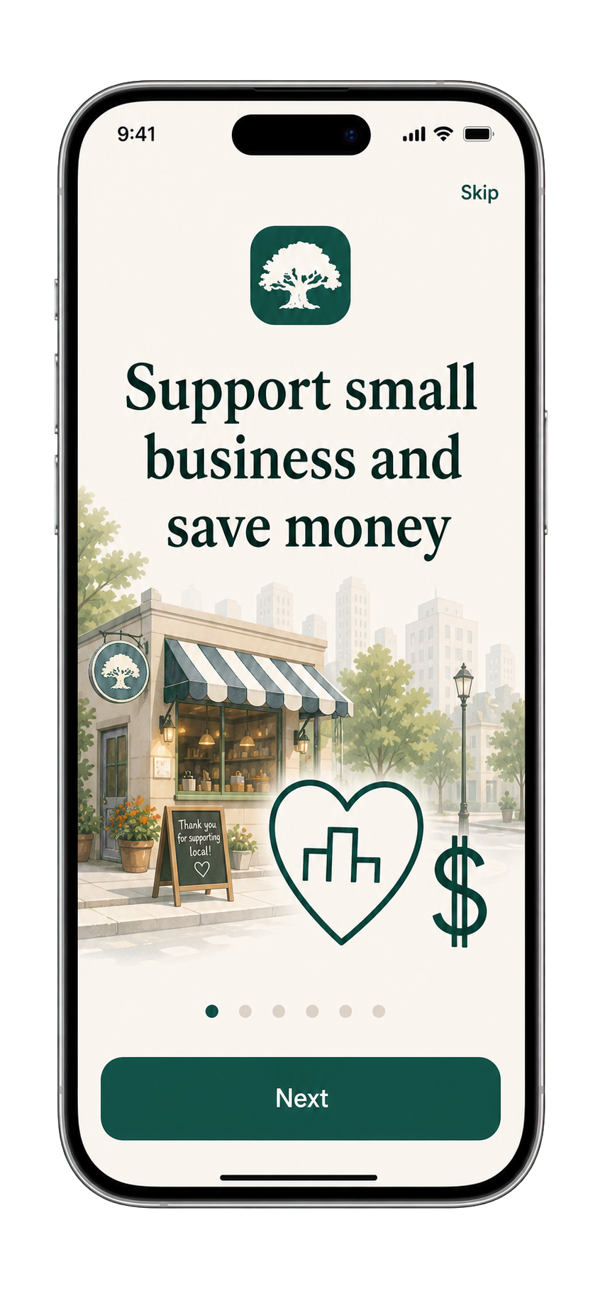 Sharewood Eats welcome screen: support small business and save money