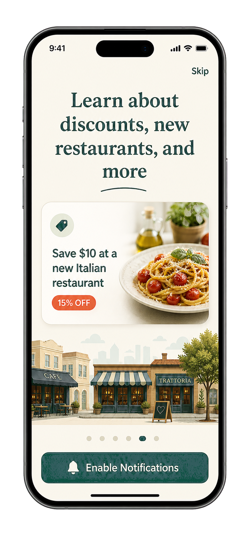 Sharewood Eats app screen showing local restaurant discounts